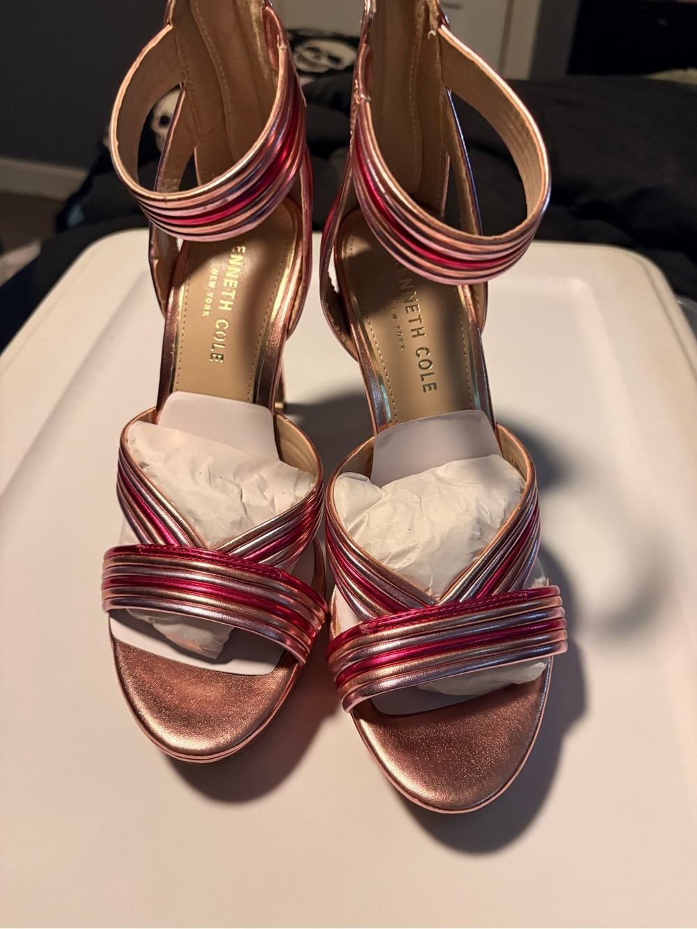 Kenneth Cole Metallic Rose Gold Strappy Heels with Pink Accents